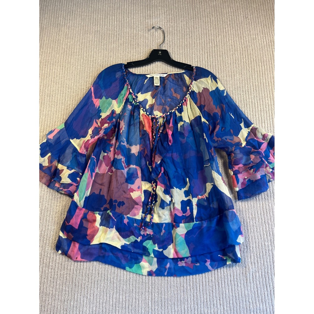 Diane von Furstenberg DVF Silk Top 8 Sheer Blue Pink Abstract Floral Ruffle